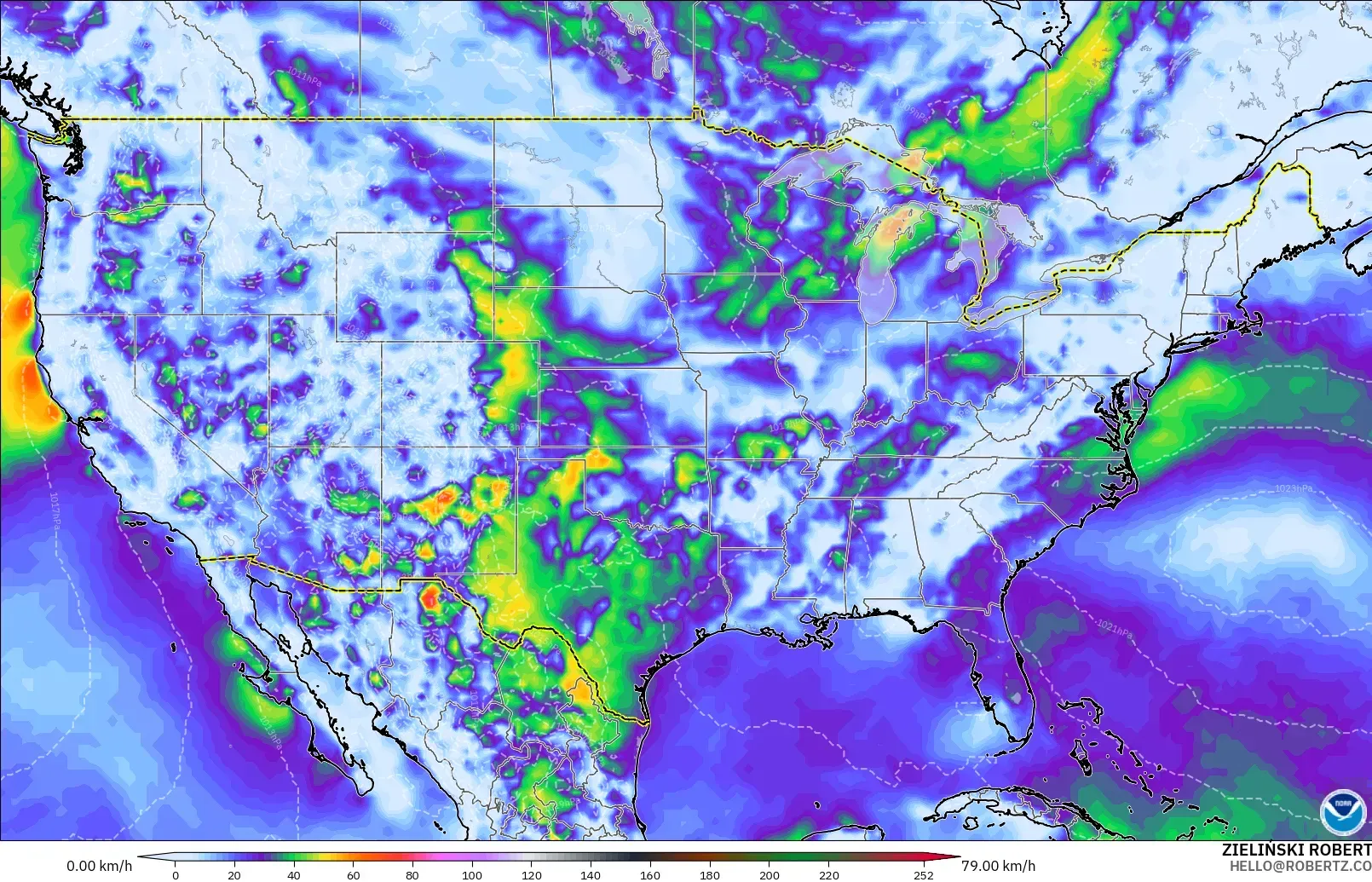 GFS modelo - Estados Unidos, Ráfagas de Viento Máximas