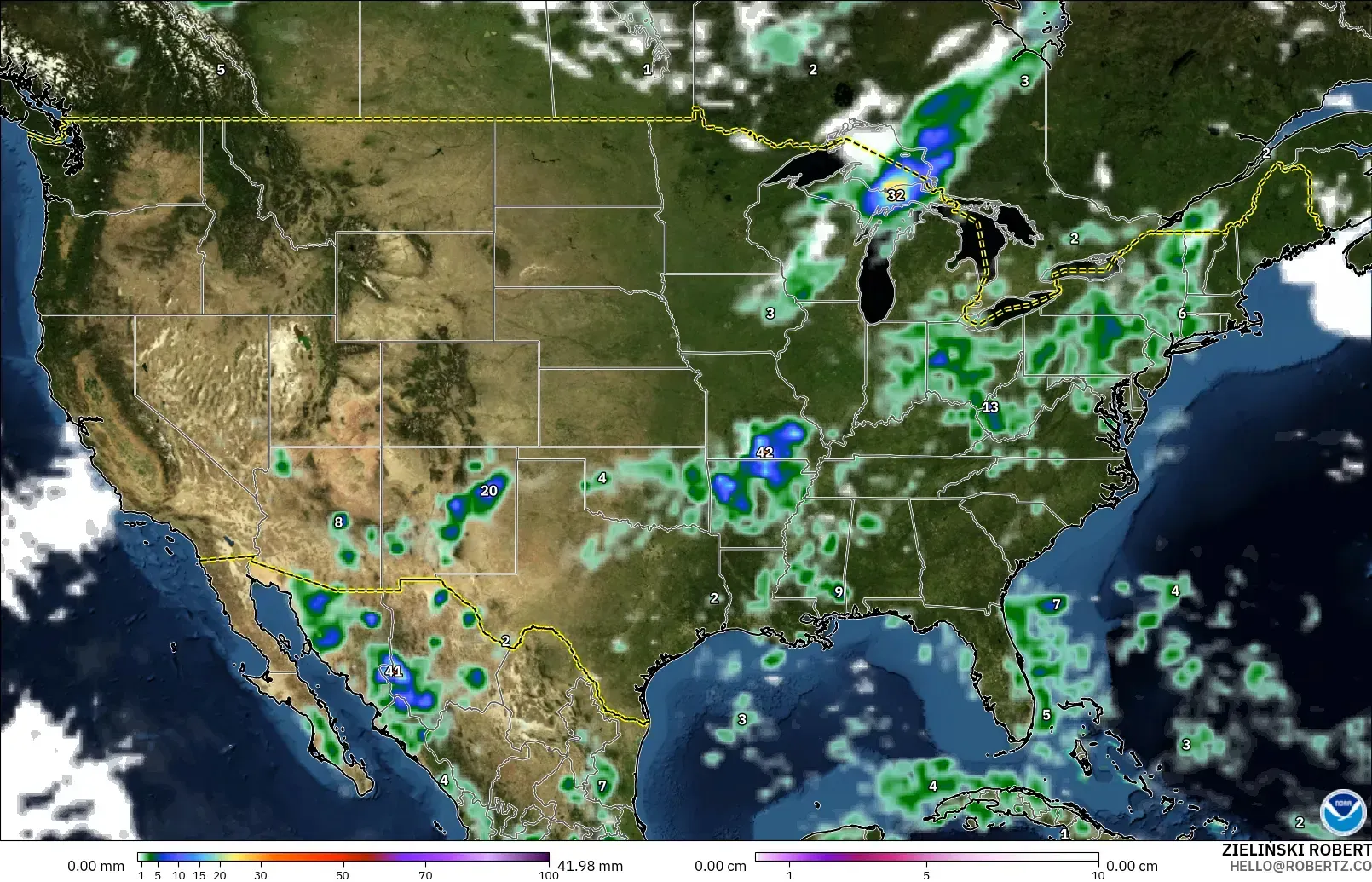 GFS modelo - Estados Unidos, Precipitación, nubes y presión