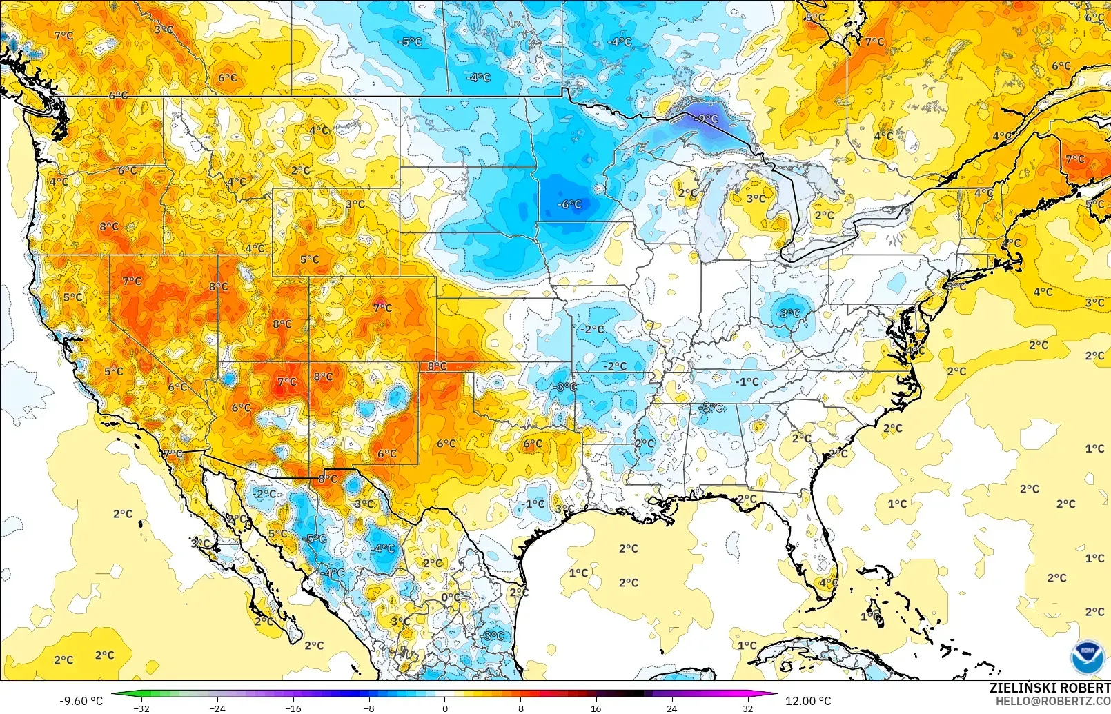 GFS modelo - Estados Unidos, Anomalía de temperatura a 2 m