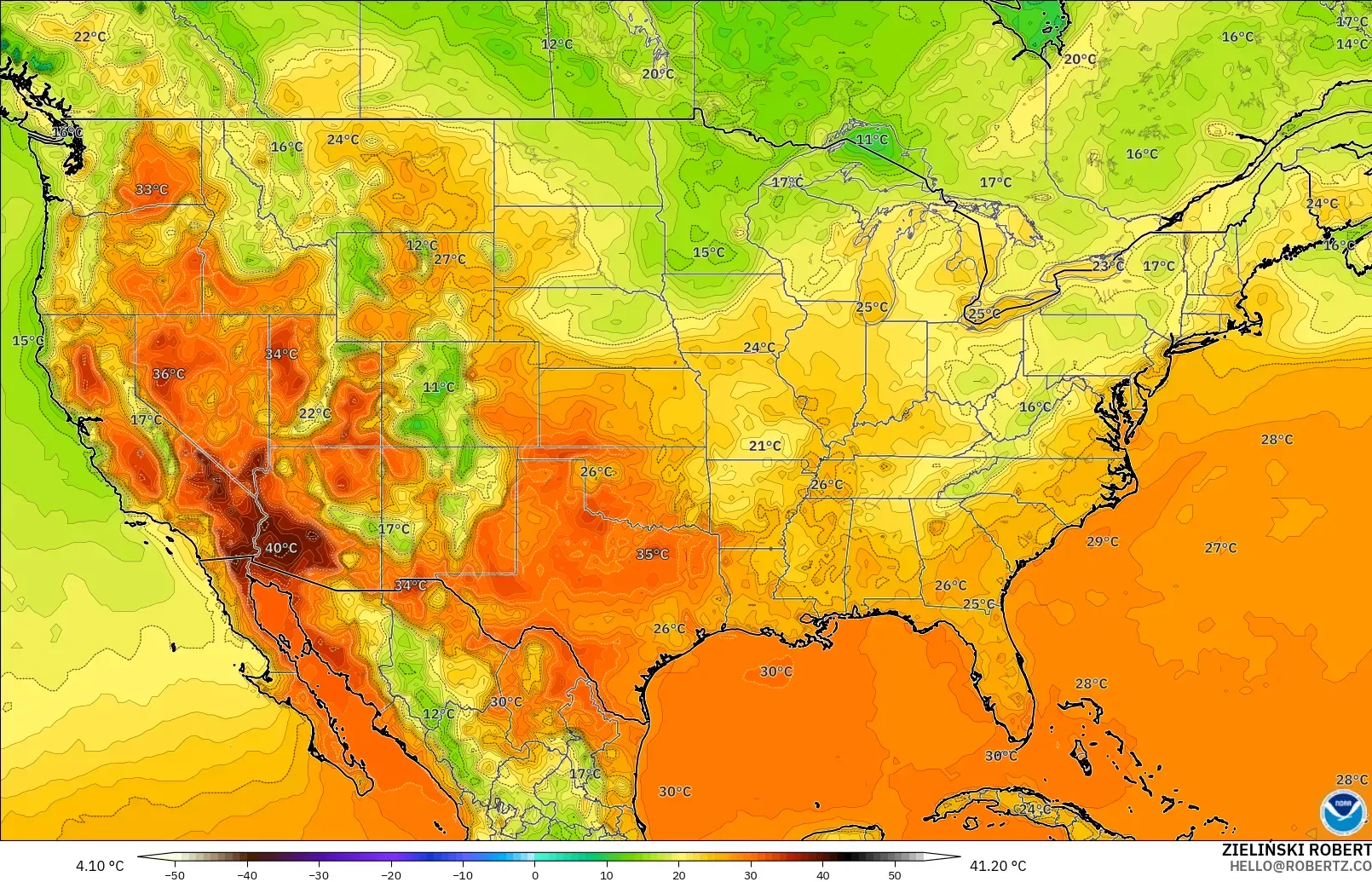 GFS modelo - Estados Unidos, Temperatura a 2 m