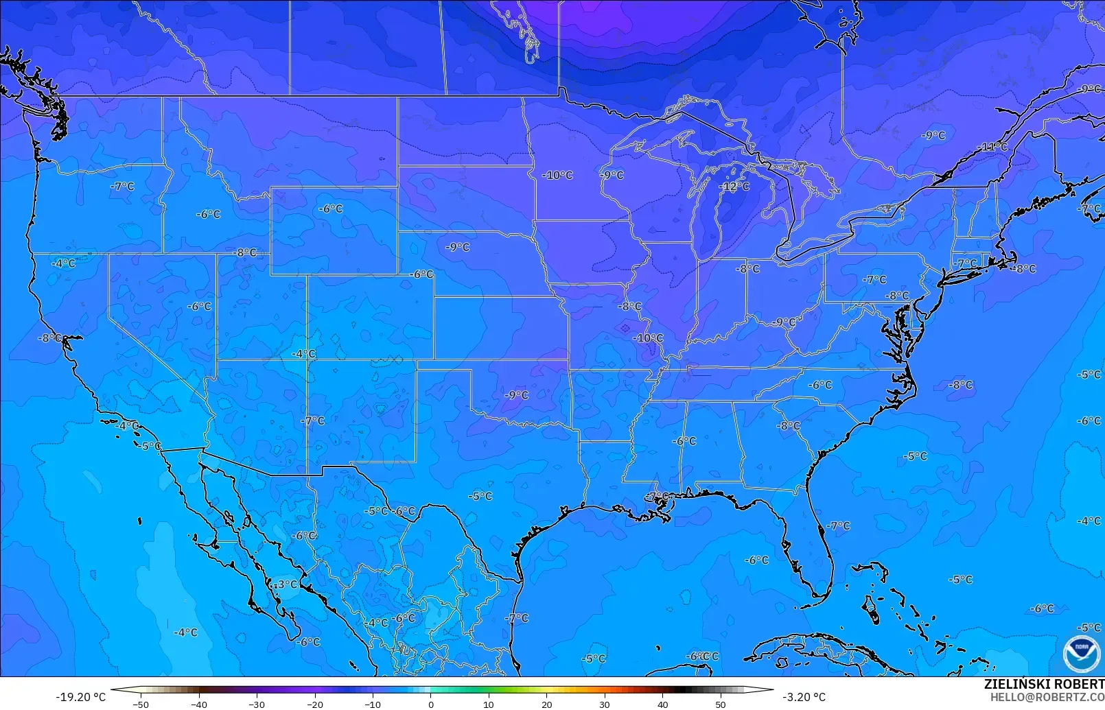 GFS modelo - Estados Unidos, Temperatura a 500 hPa