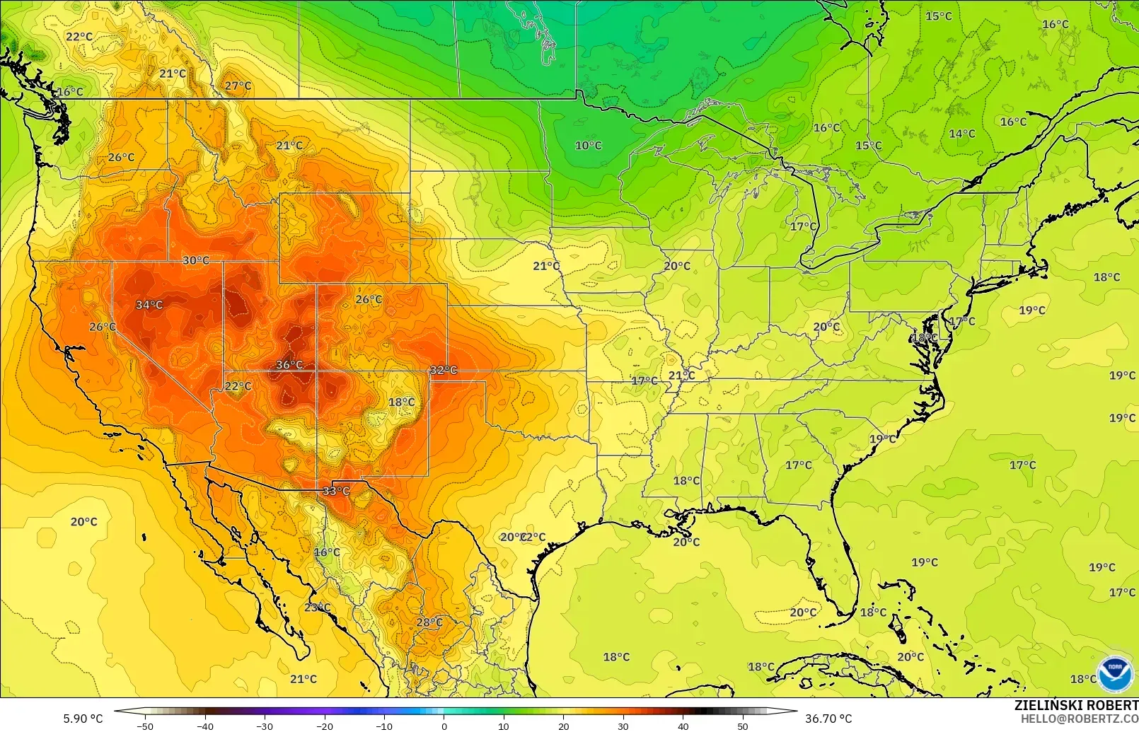 GFS modelo - Estados Unidos, Temperatura a 850 hPa