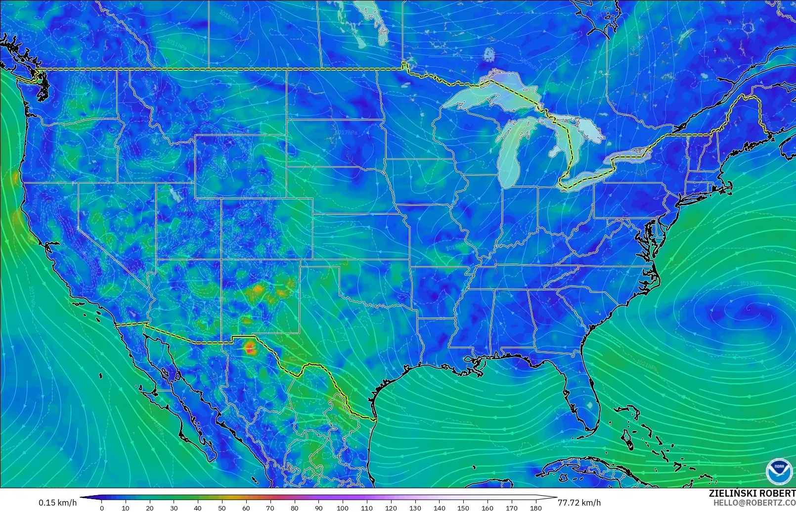 GFS modelo - Estados Unidos, Viento a 10 m