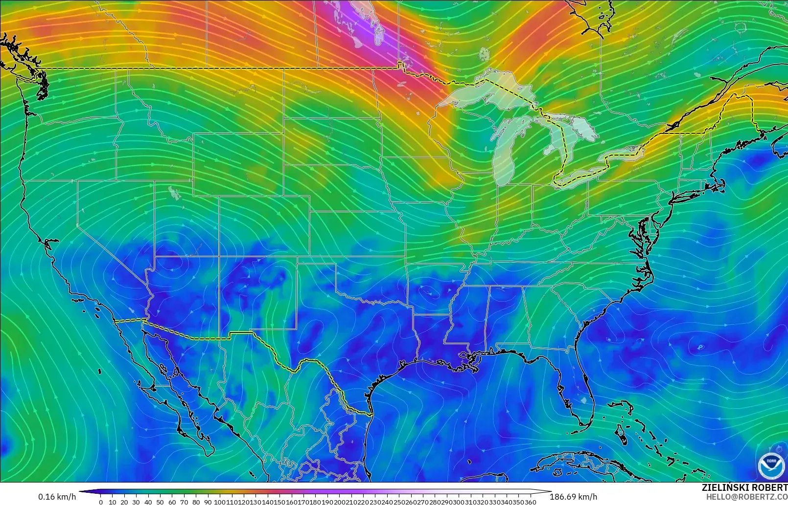 GFS modelo - Estados Unidos, Viento a 300 hPa (corriente en chorro)