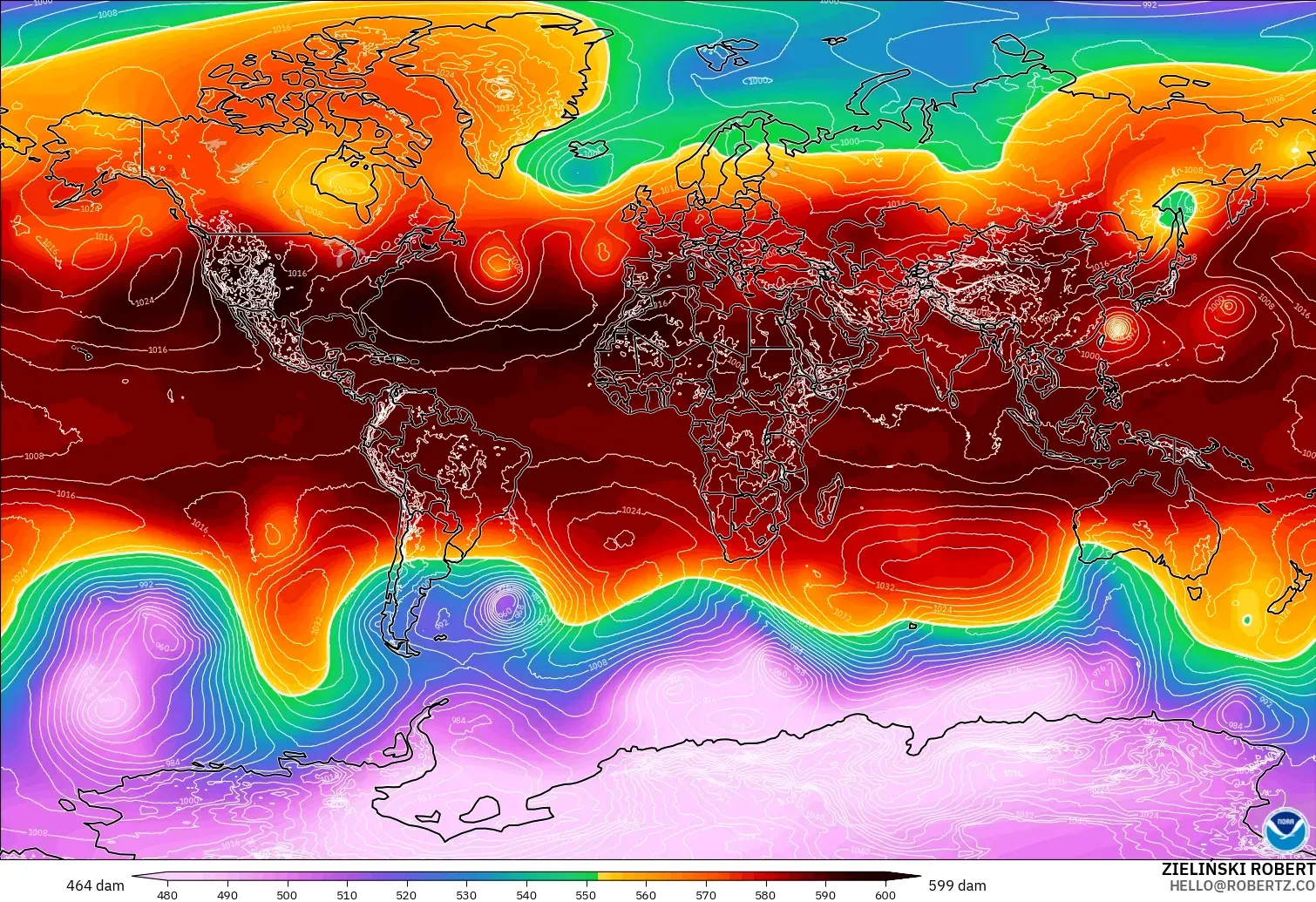 GFS modelo - Mundo, Altura geopotencial a 500 hPa