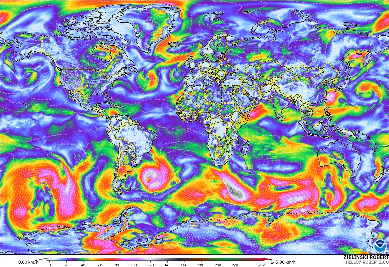 GFS modelo - Mundo, Ráfagas de Viento Máximas