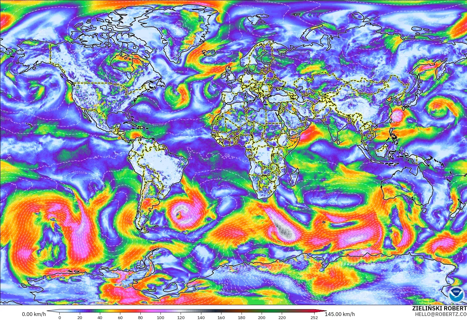 GFS modelo - Mundo, Ráfagas de viento