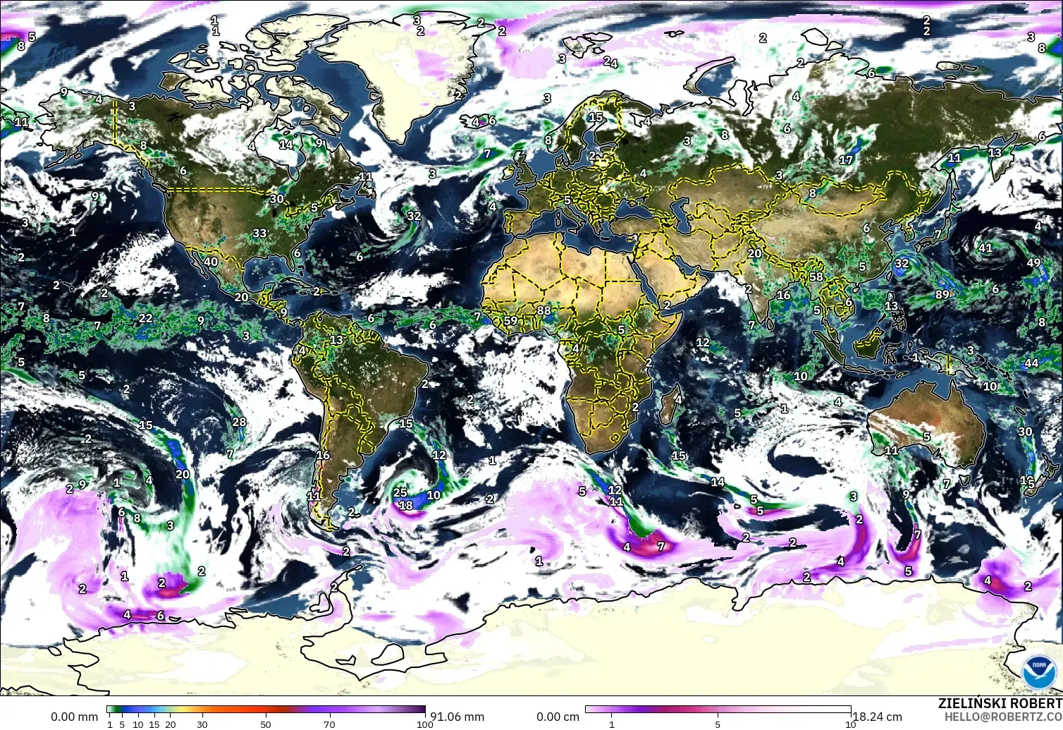 GFS modelo - Mundo, Precipitación, nubes y presión