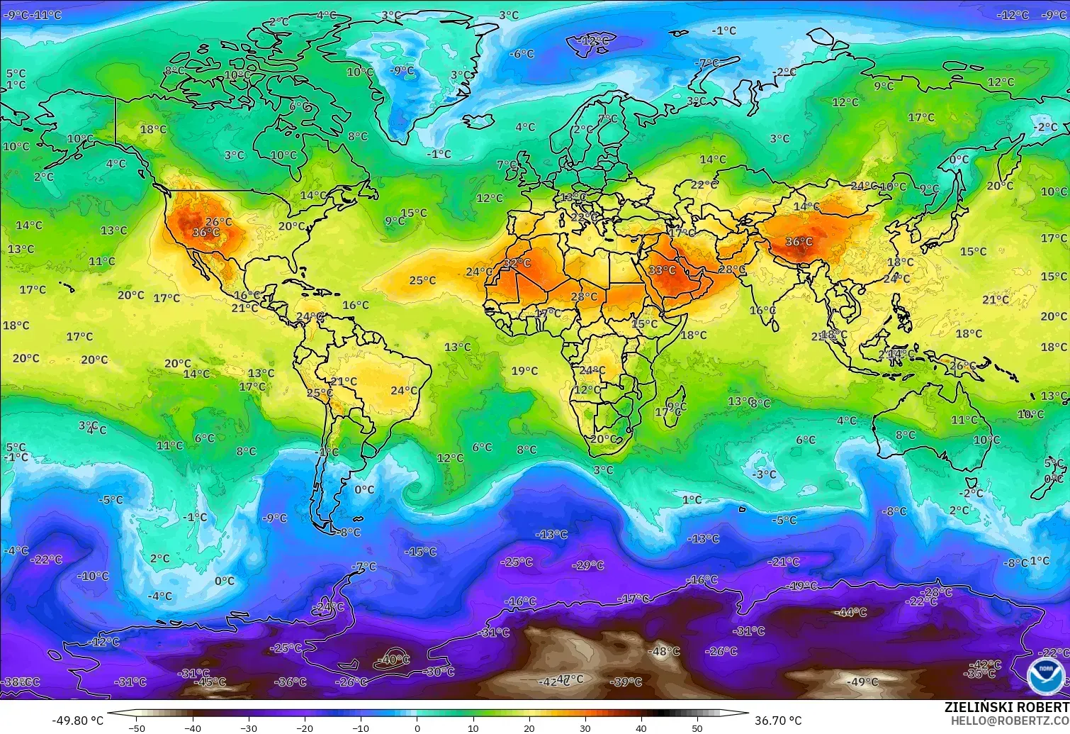 GFS modelo - Mundo, Temperatura a 850 hPa