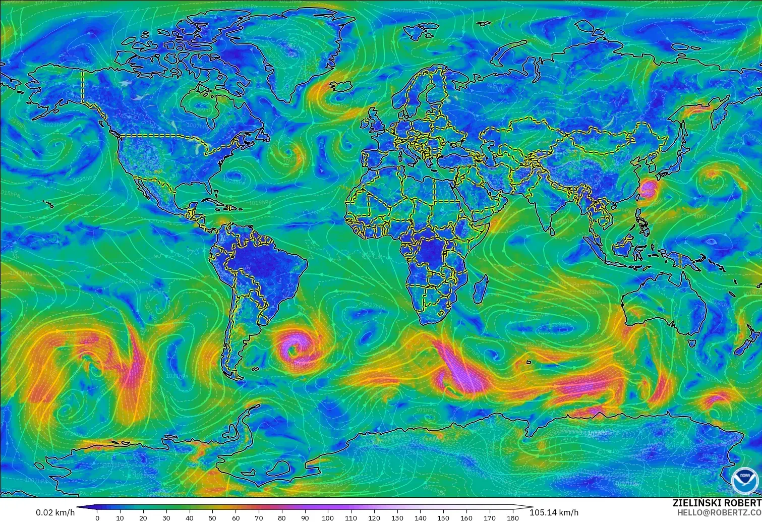 GFS modelo - Mundo, Viento a 10 m