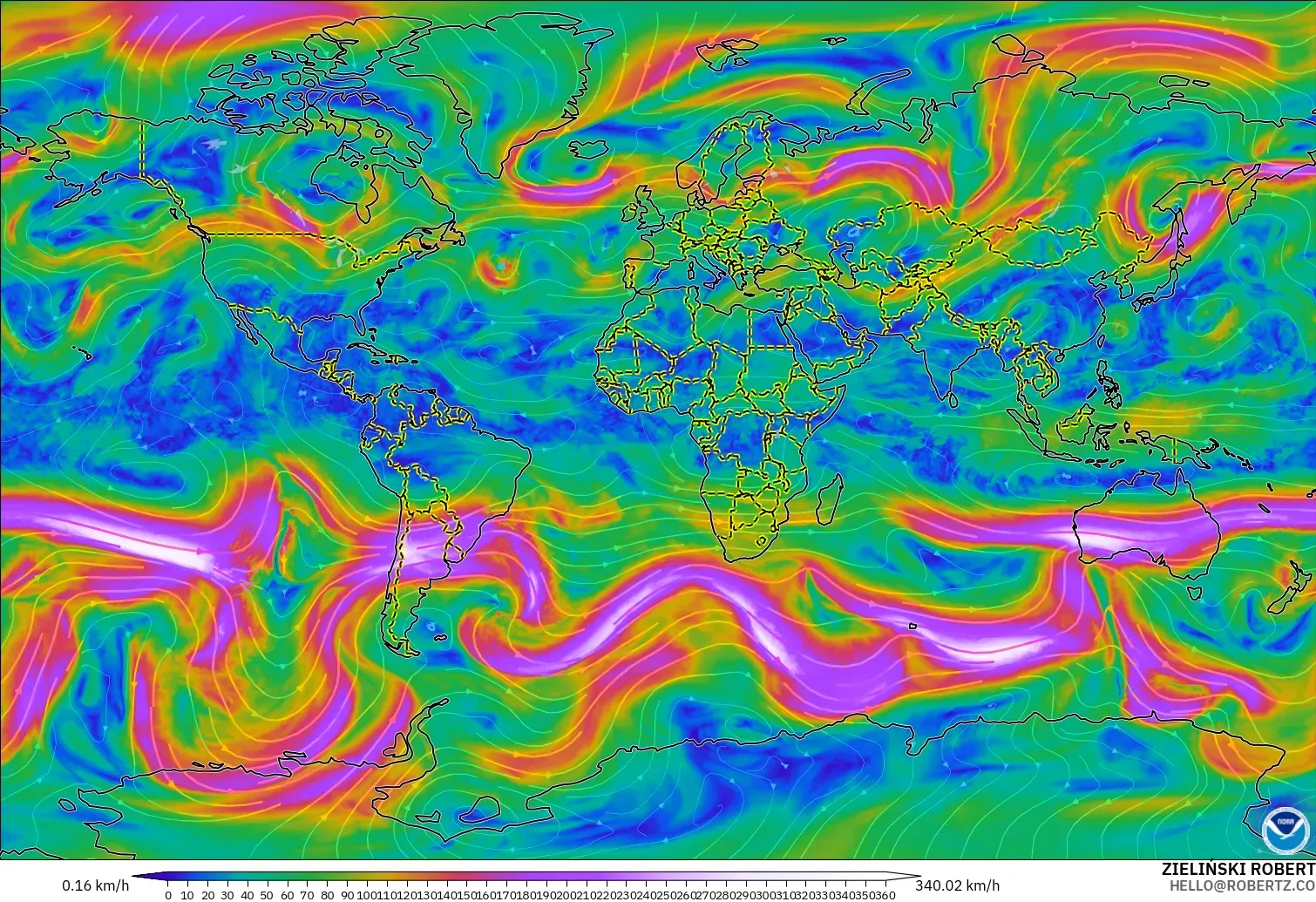 GFS modelo - Mundo, Viento a 300 hPa (corriente en chorro)