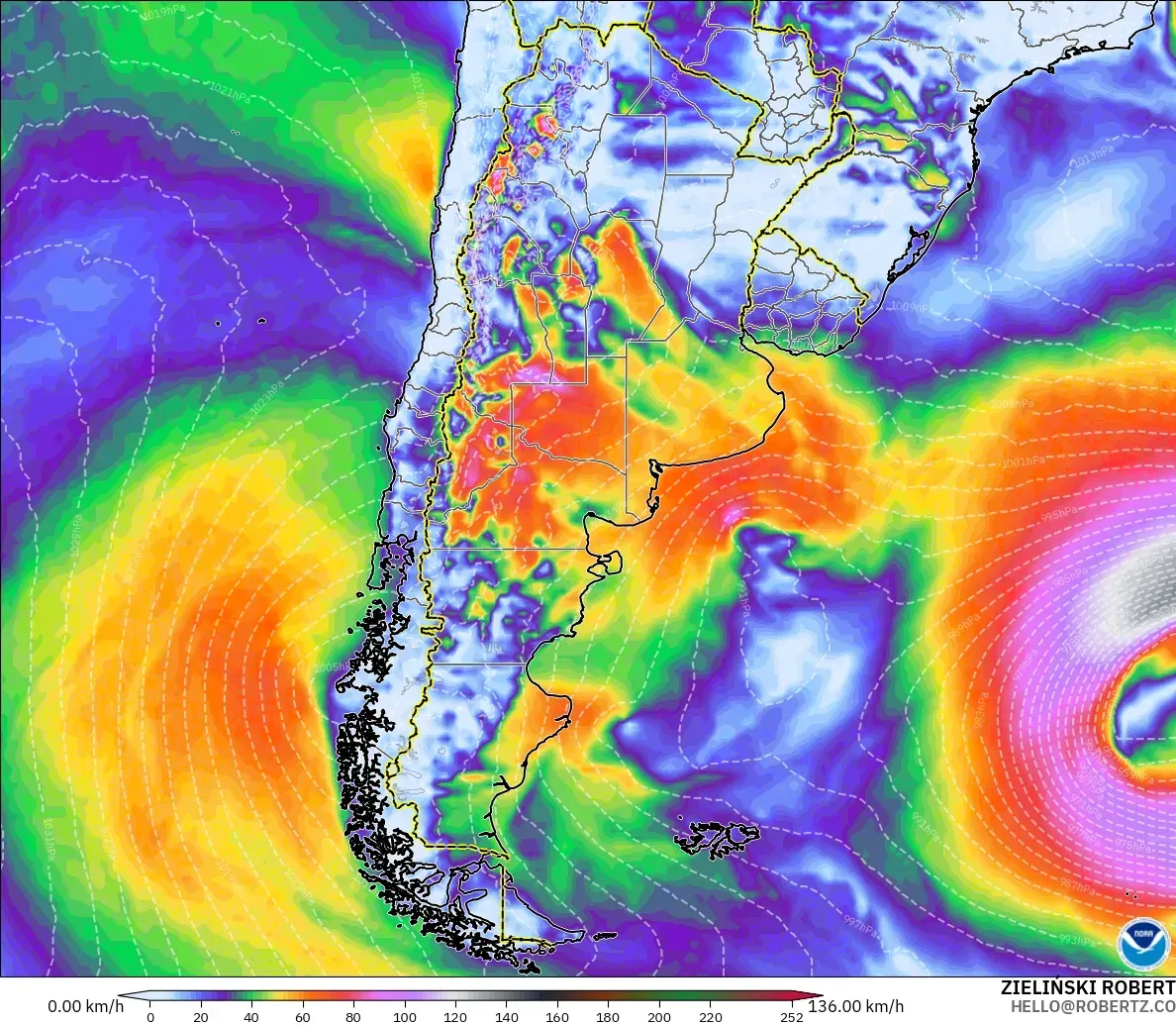 GFS modelo - Argentina, Ráfagas de Viento Máximas