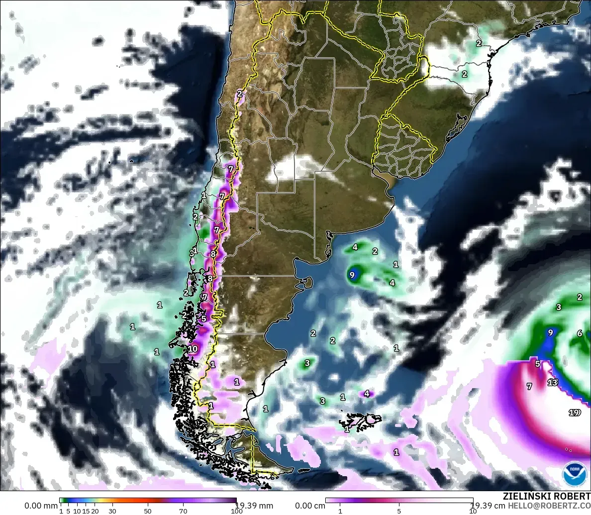 GFS modelo - Argentina, Precipitación, nubes y presión