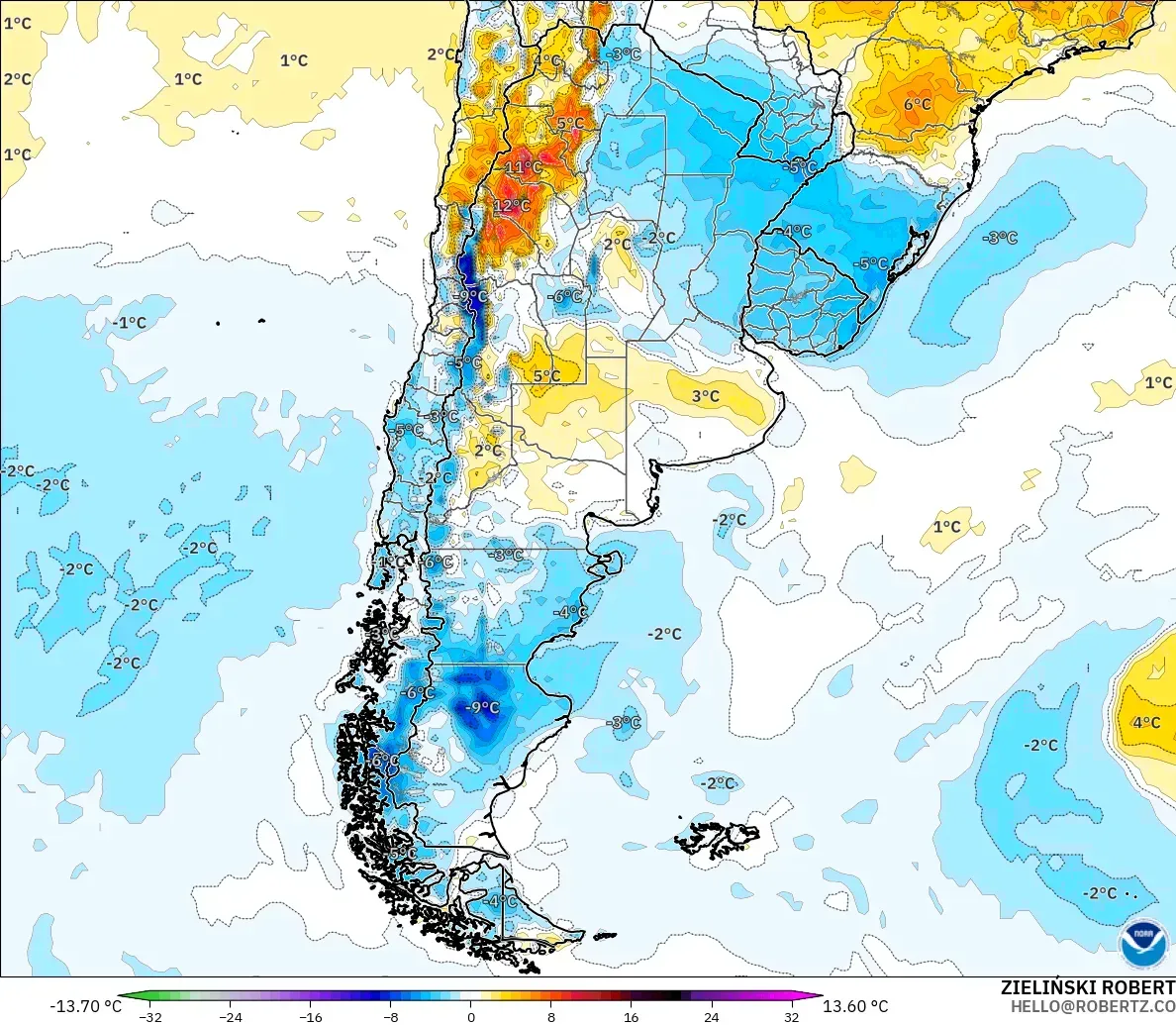 GFS modelo - Argentina, Anomalía de temperatura a 2 m