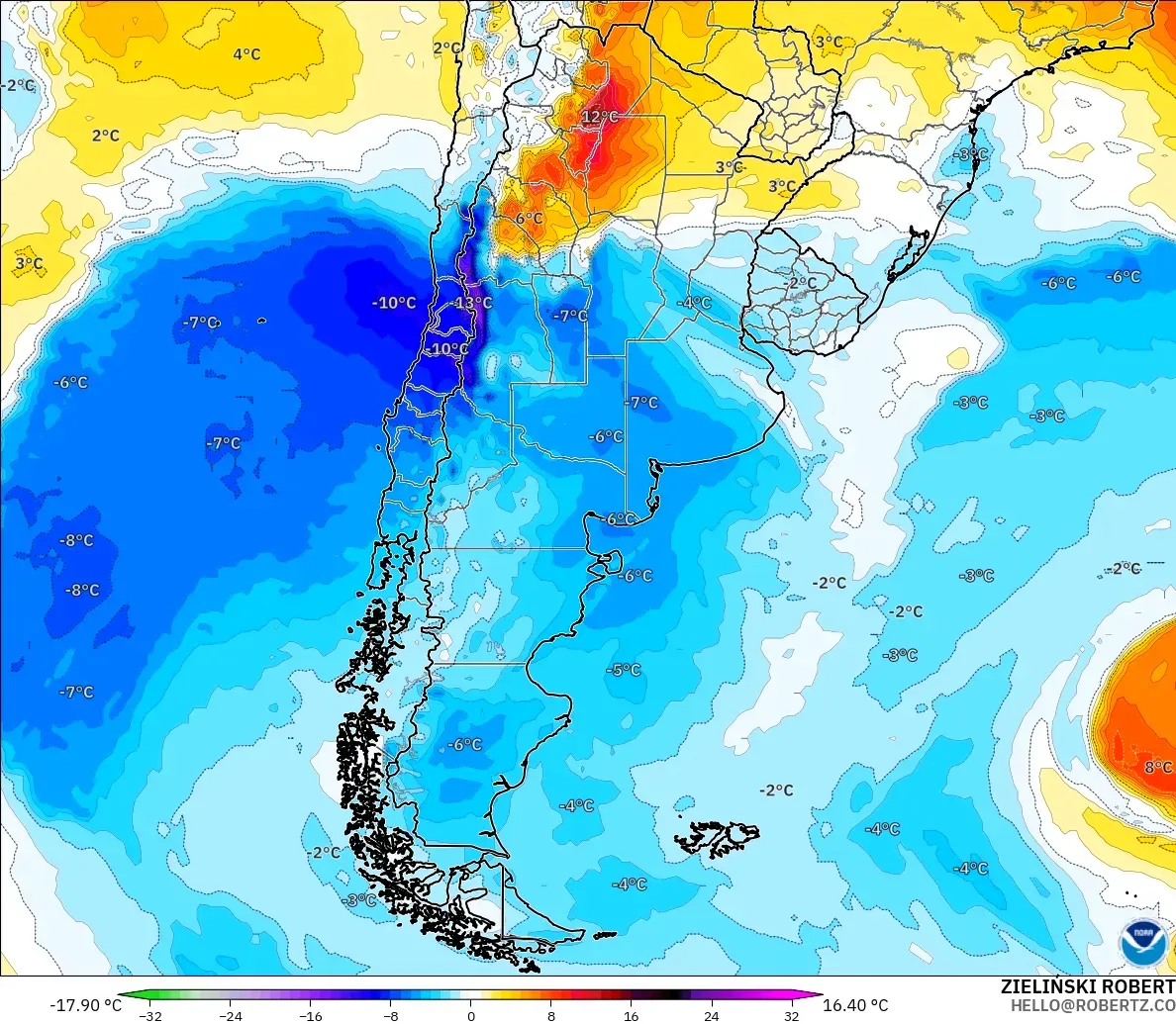 GFS modelo - Argentina, Anomalía de temperatura a 850 hPa