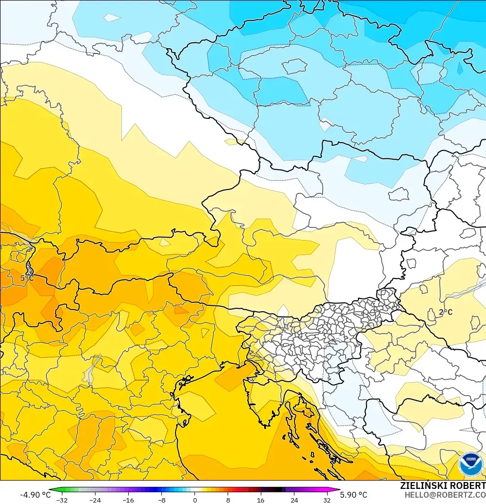 GFS modelo - Austria, Anomalía de temperatura a 850 hPa