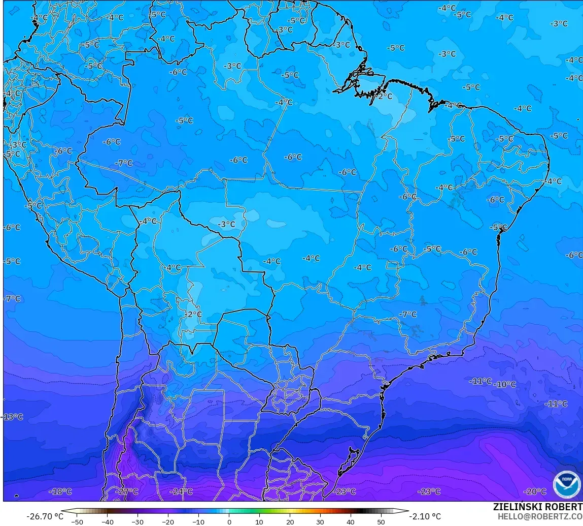 GFS modelo - Brasil, Temperatura a 500 hPa