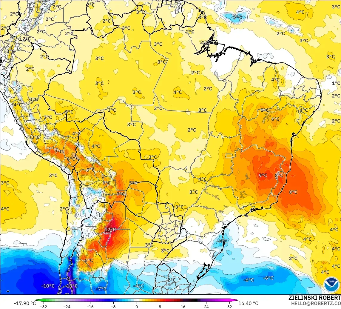 GFS modelo - Brasil, Anomalía de temperatura a 850 hPa
