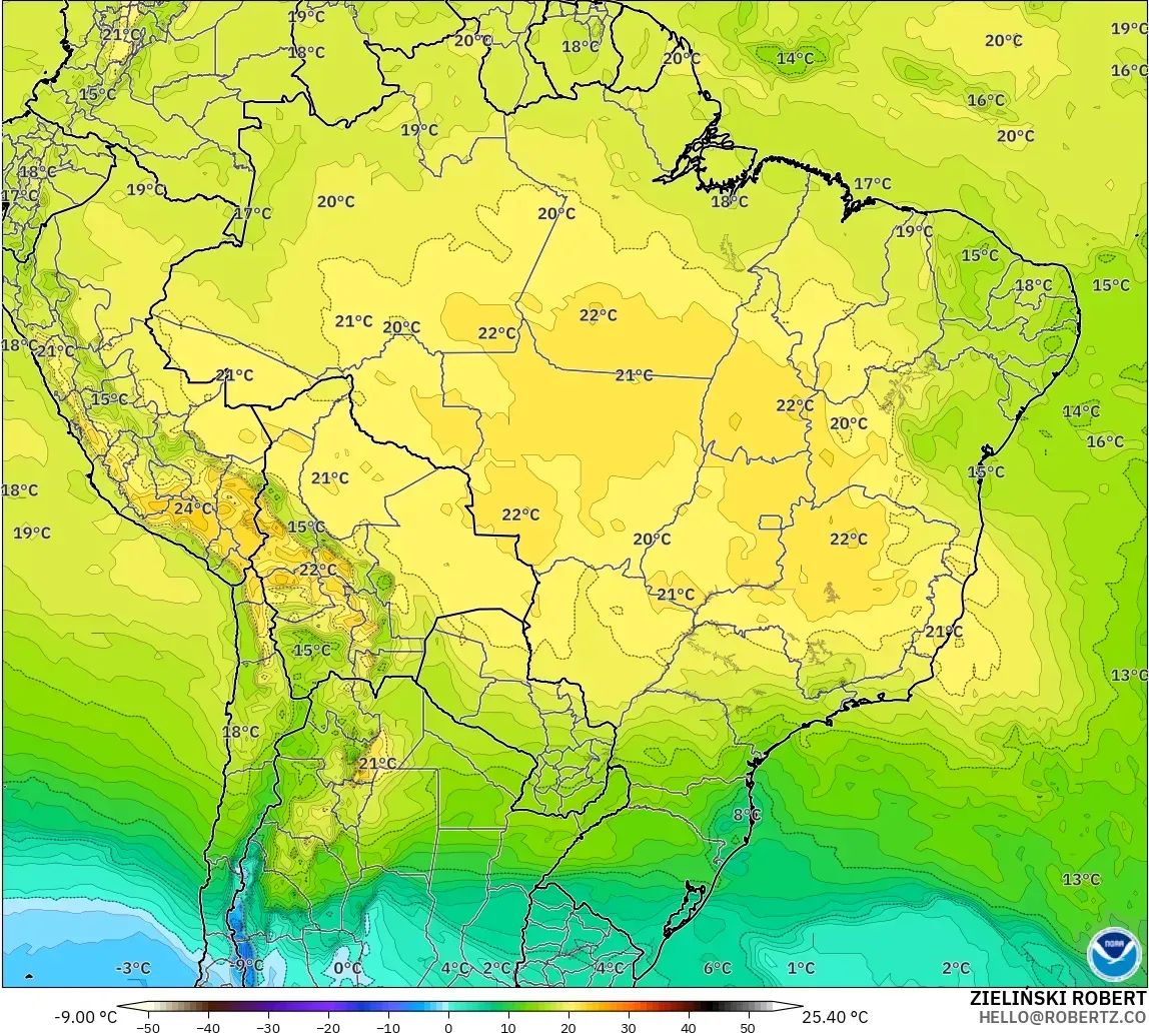 GFS modelo - Brasil, Temperatura a 850 hPa
