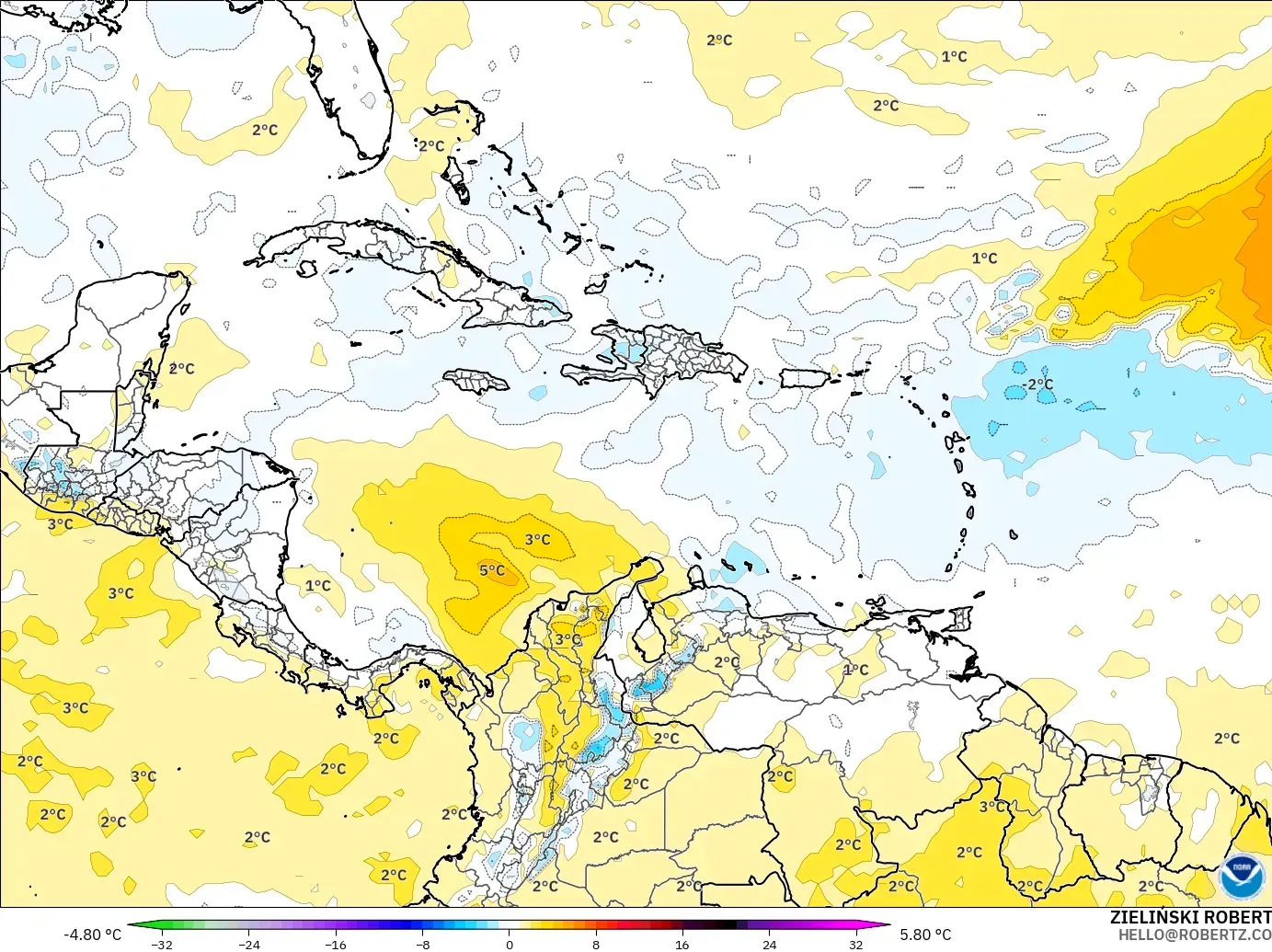 GFS modelo - Caribe, Anomalía de temperatura a 850 hPa