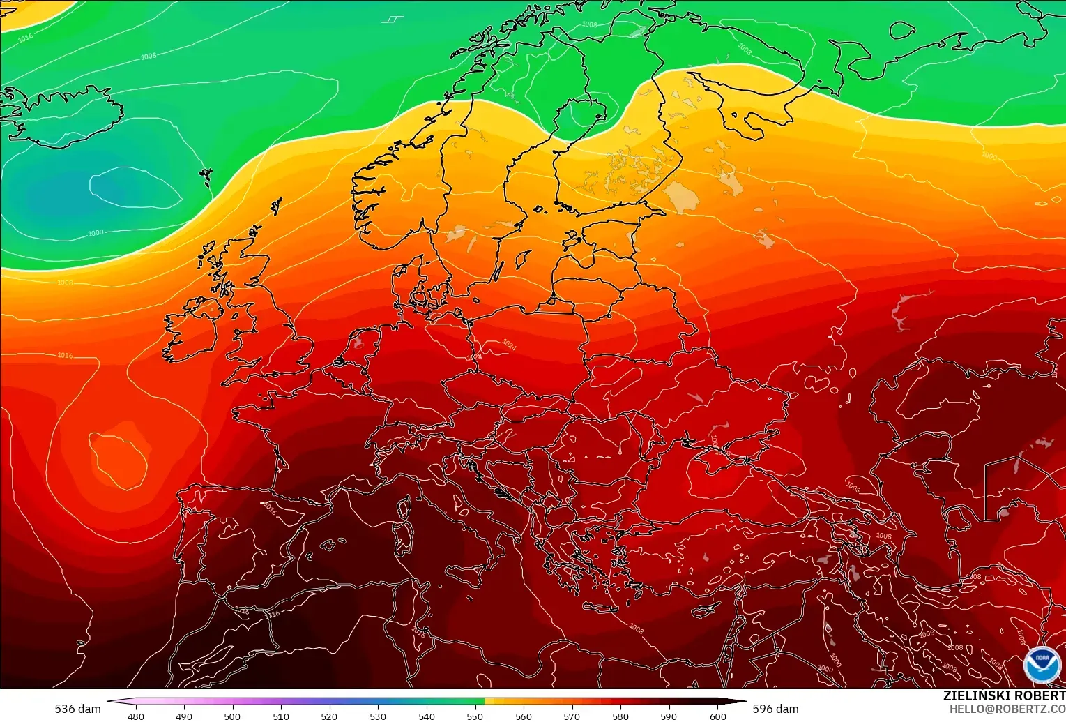 GFS modelo - Europa, Altura geopotencial a 500 hPa