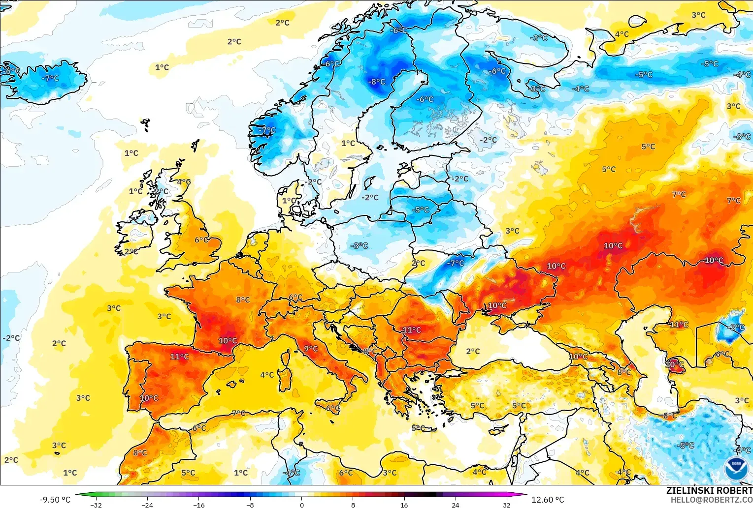 GFS modelo - Europa, Anomalía de temperatura a 2 m