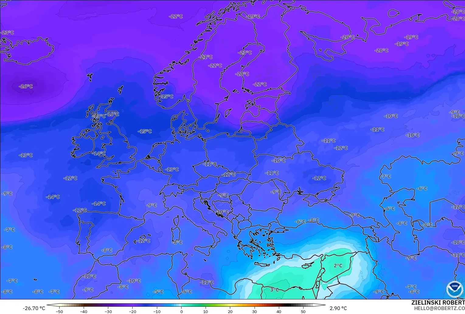 GFS modelo - Europa, Temperatura a 500 hPa