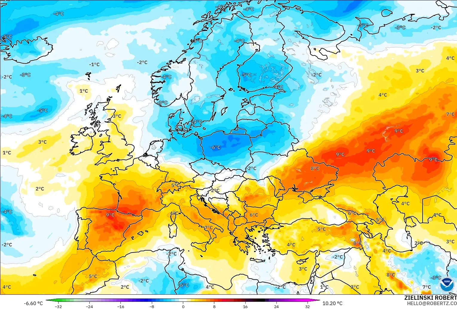 GFS modelo - Europa, Anomalía de temperatura a 850 hPa