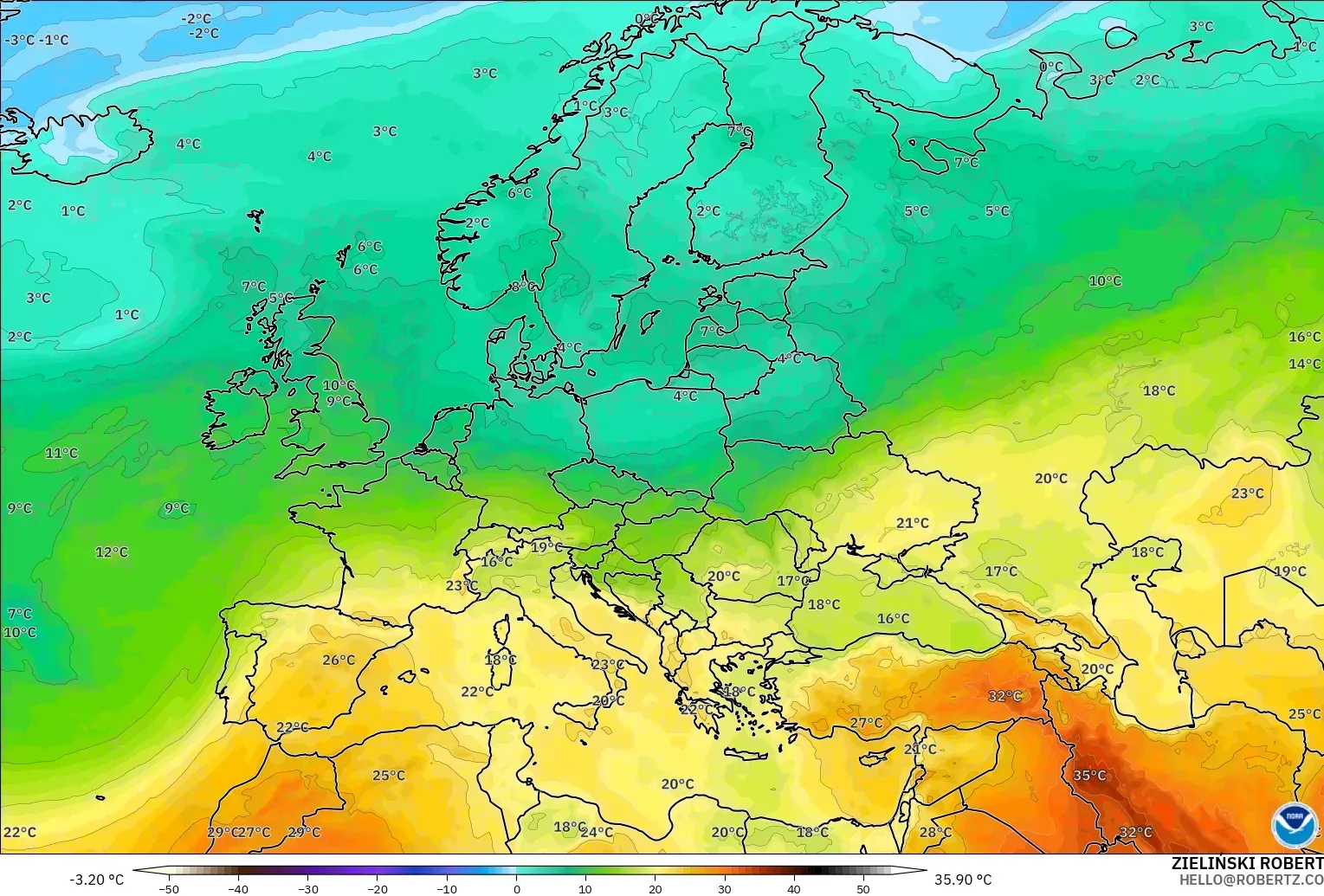 GFS modelo - Europa, Temperatura a 850 hPa