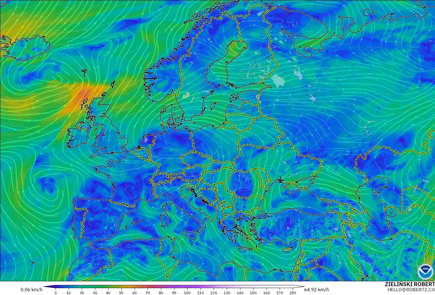GFS modelo - Europa, Viento a 10 m