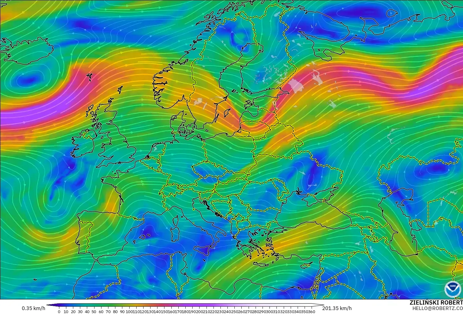 GFS modelo - Europa, Viento a 300 hPa (corriente en chorro)