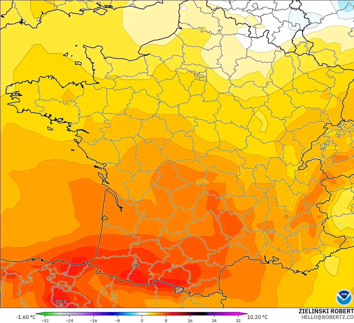 GFS modelo - Francia, Anomalía de temperatura a 850 hPa