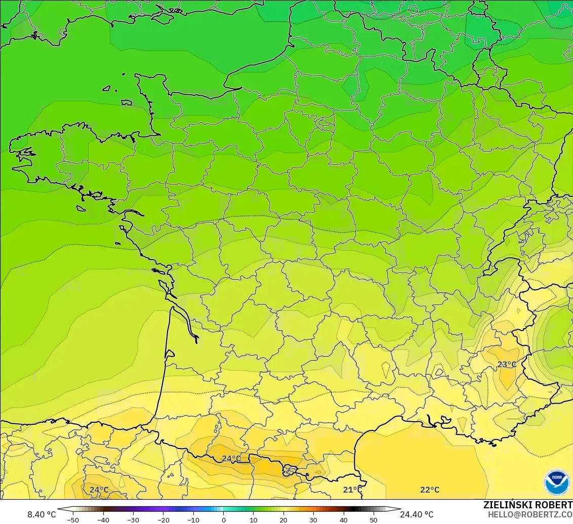 GFS modelo - Francia, Temperatura a 850 hPa