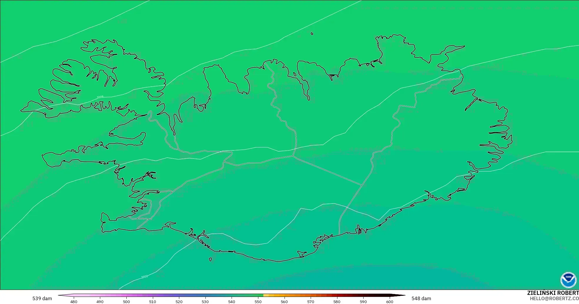 GFS modelo - Islandia, Altura geopotencial a 500 hPa