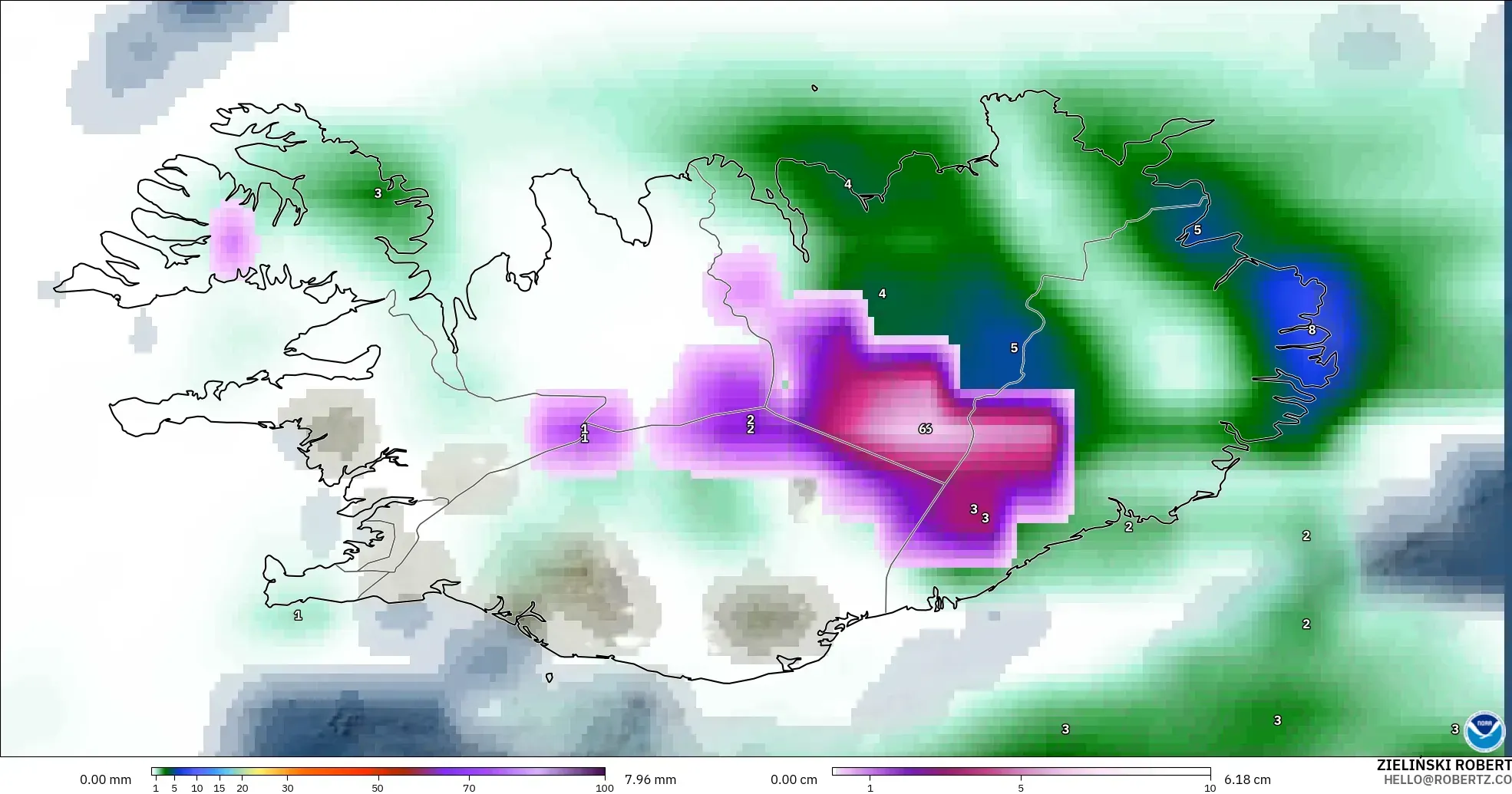 GFS modelo - Islandia, Precipitación, nubes y presión