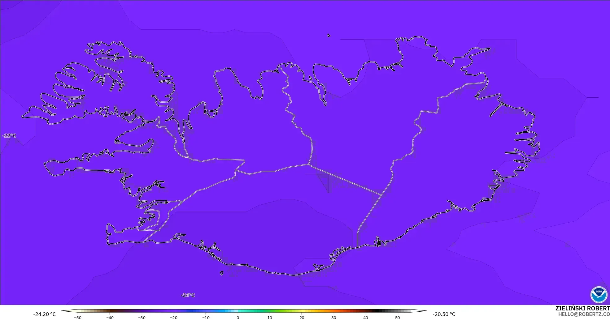 GFS modelo - Islandia, Temperatura a 500 hPa