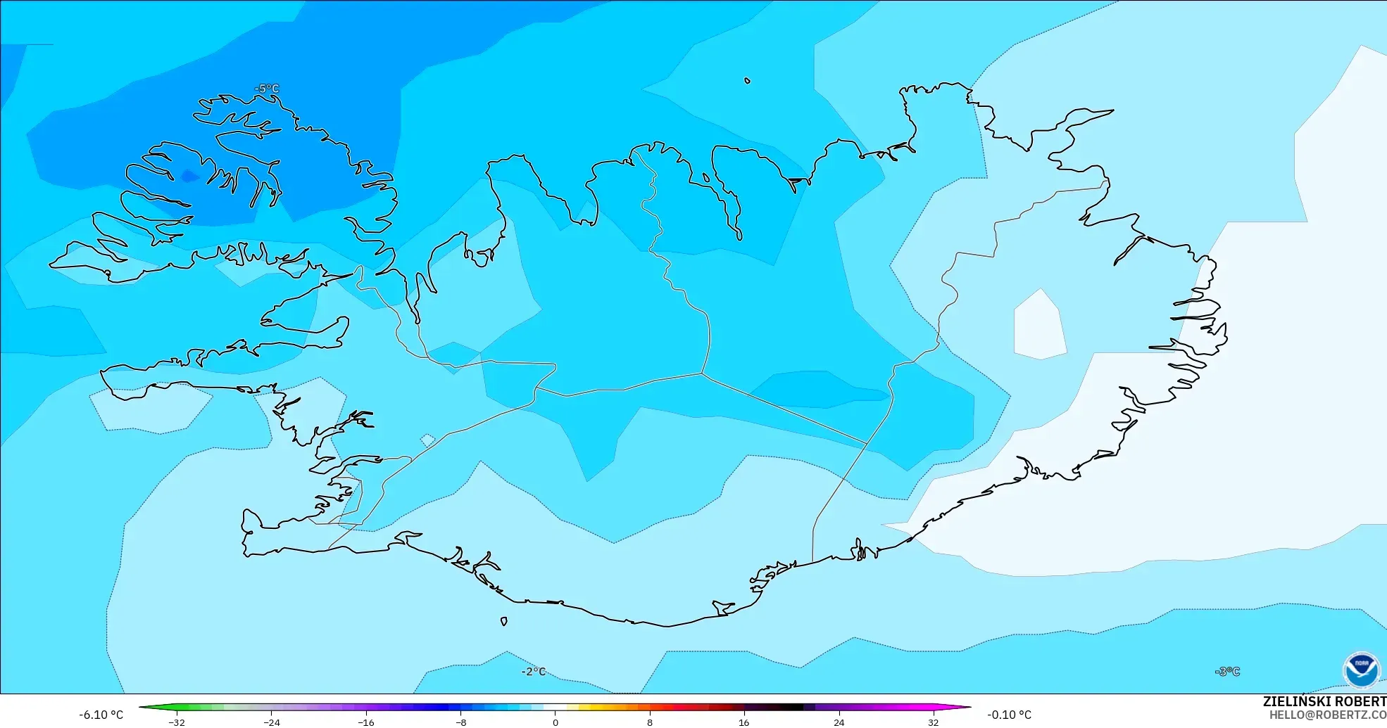 GFS modelo - Islandia, Anomalía de temperatura a 850 hPa