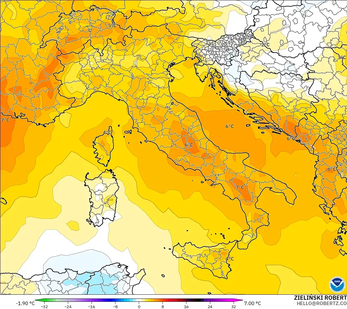 GFS modelo - Italia, Anomalía de temperatura a 850 hPa