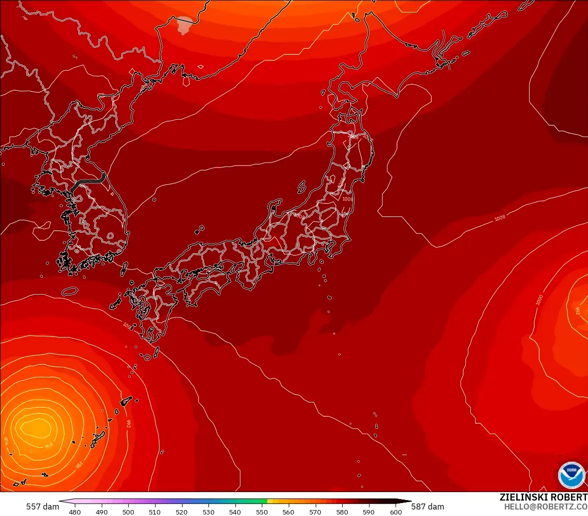 GFS modelo - Japón, Altura geopotencial a 500 hPa