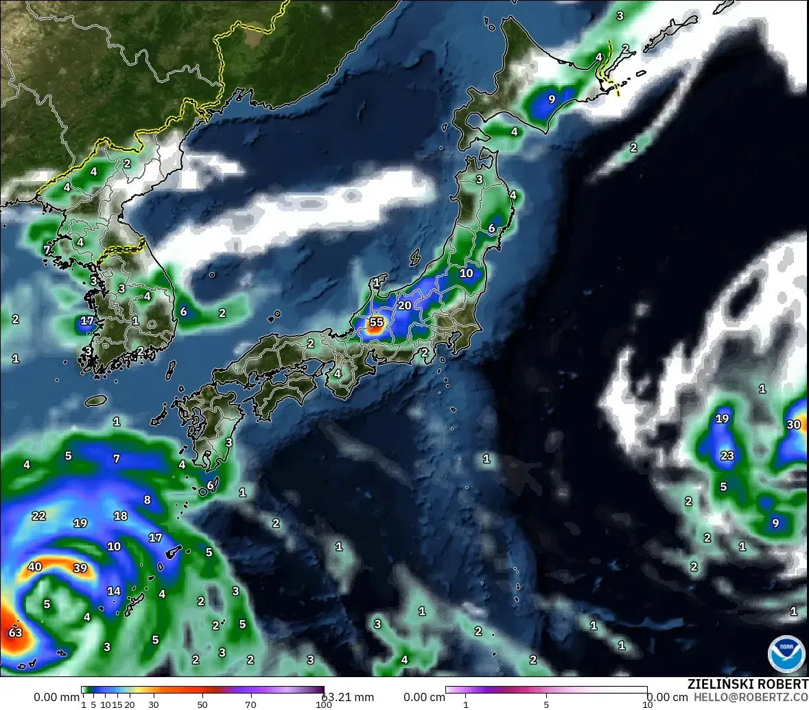 GFS modelo - Japón, Precipitación, nubes y presión