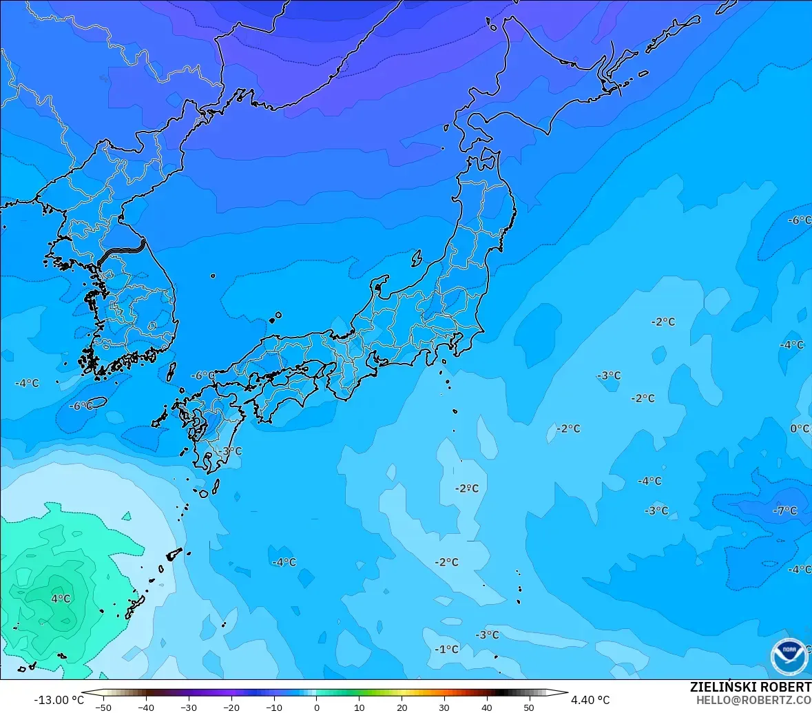 GFS modelo - Japón, Temperatura a 500 hPa