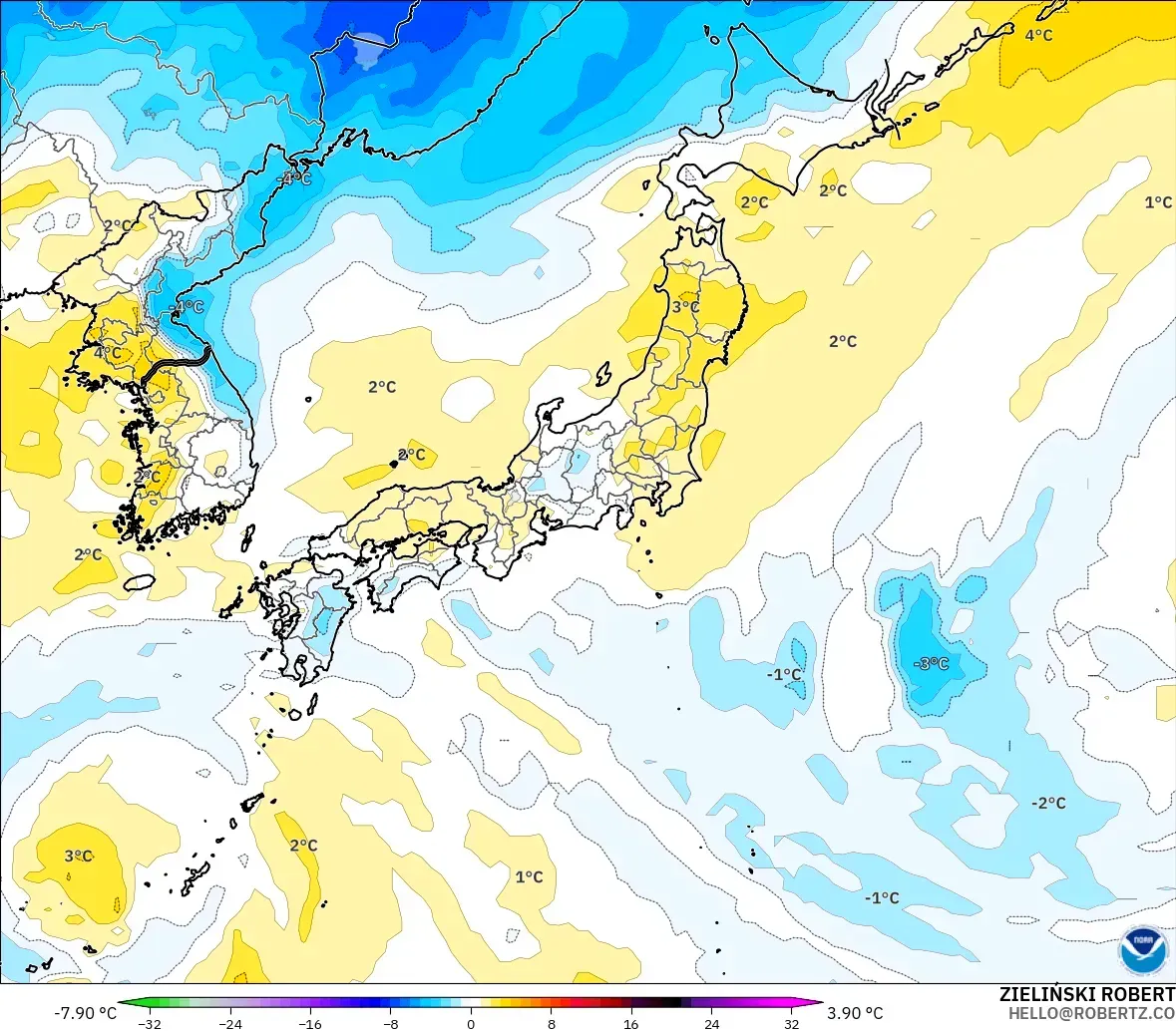 GFS modelo - Japón, Anomalía de temperatura a 850 hPa
