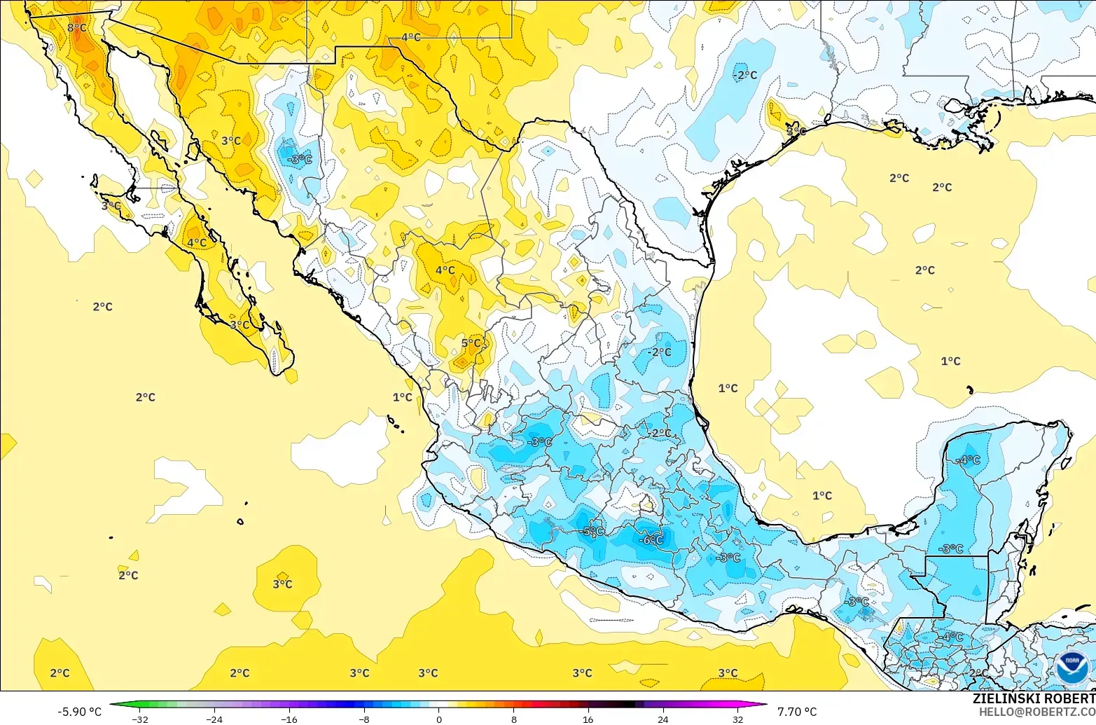 GFS modelo - México, Anomalía de temperatura a 2 m