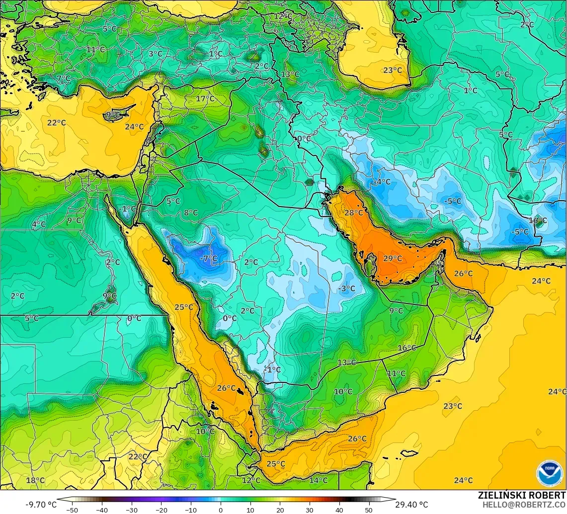 GFS modelo - Oriente Medio, Punto de rocío a 2 m
