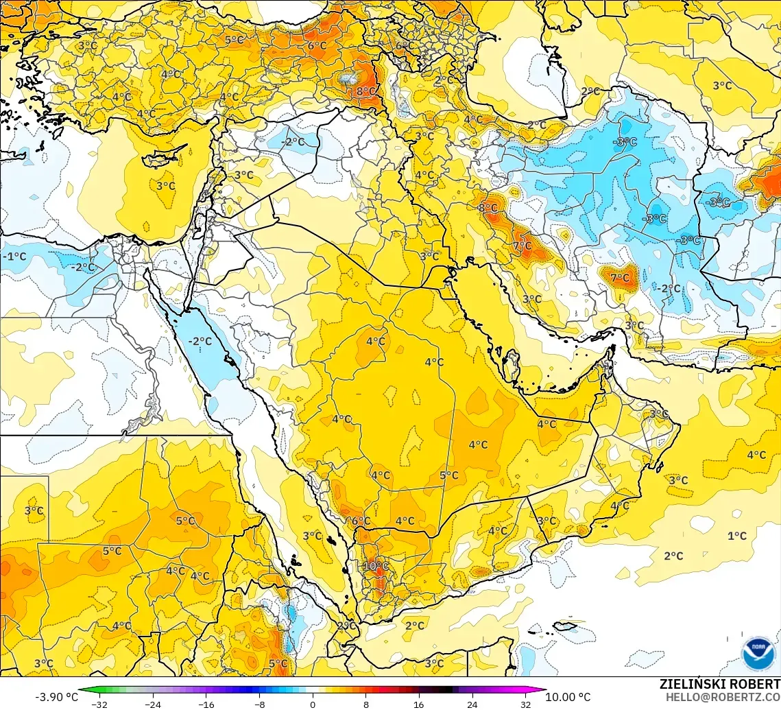 GFS modelo - Oriente Medio, Anomalía de temperatura a 850 hPa