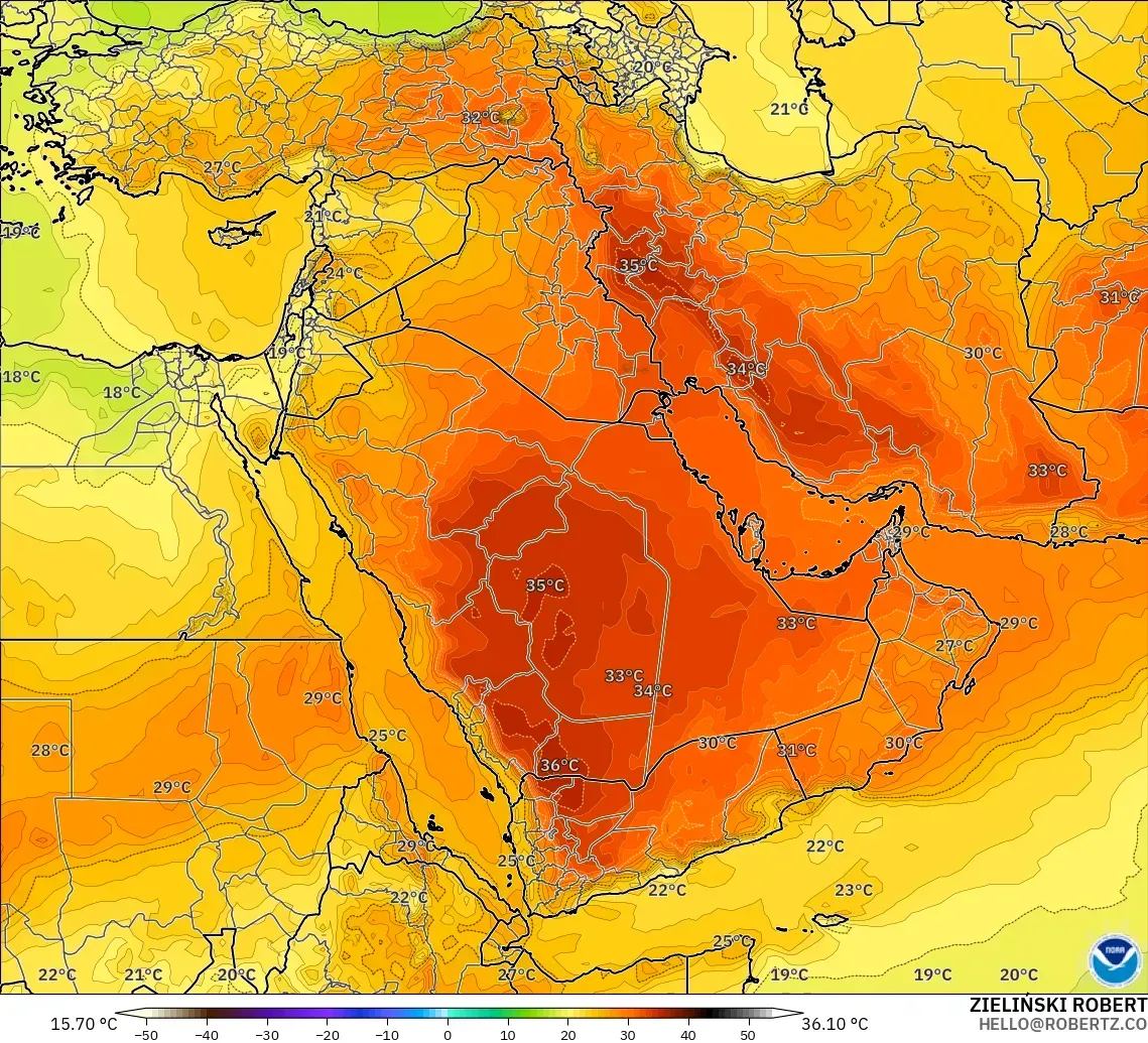 GFS modelo - Oriente Medio, Temperatura a 850 hPa