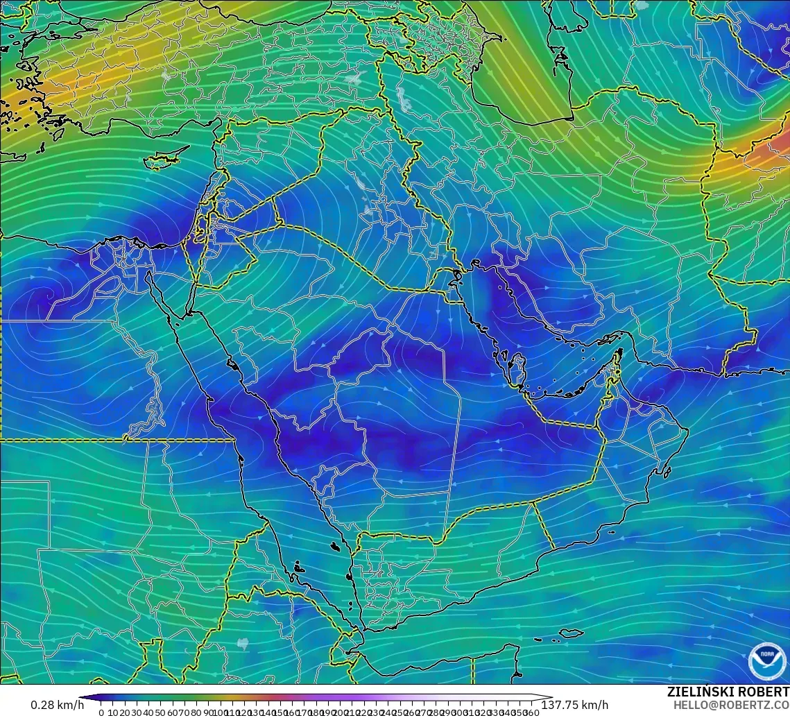 GFS modelo - Oriente Medio, Viento a 300 hPa (corriente en chorro)