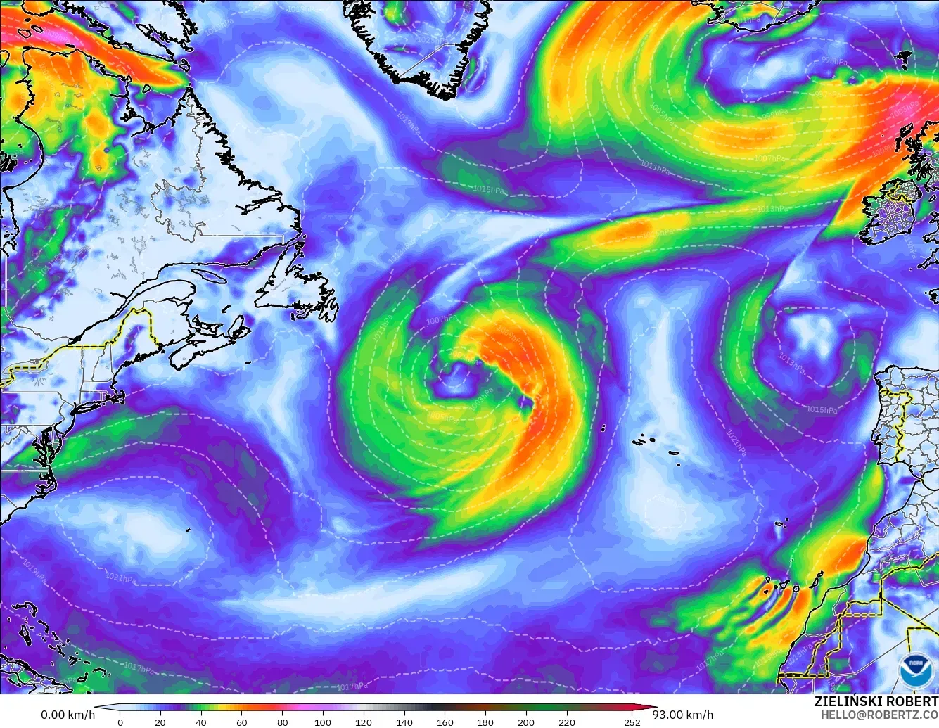 GFS modelo - Norte Atlántico, Ráfagas de Viento Máximas