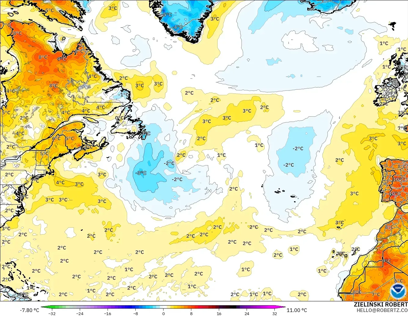 GFS modelo - Norte Atlántico, Anomalía de temperatura a 2 m