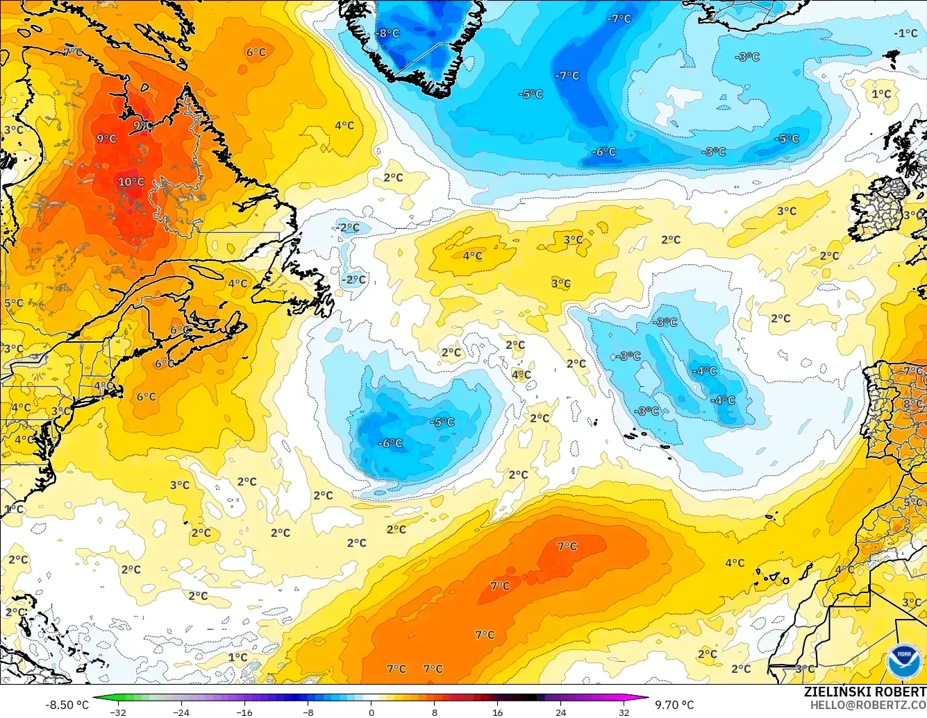 GFS modelo - Norte Atlántico, Anomalía de temperatura a 850 hPa